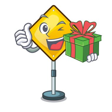 Hediye ile tehlike uyarı dikkat işareti sahaped çizgi film vektör çizim