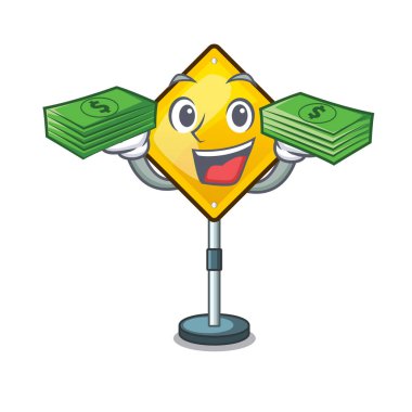 Para ile tehlike uyarı dikkat işareti sahaped çizgi film vektör çizim