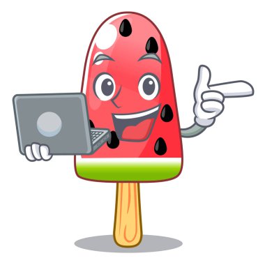 Dizüstü bilgisayar yaz karpuz ile buz karikatür vektör çizim şeklinde.