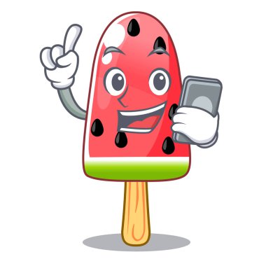 Telefon yaz karpuz ile buz karikatür vektör çizim şeklinde.