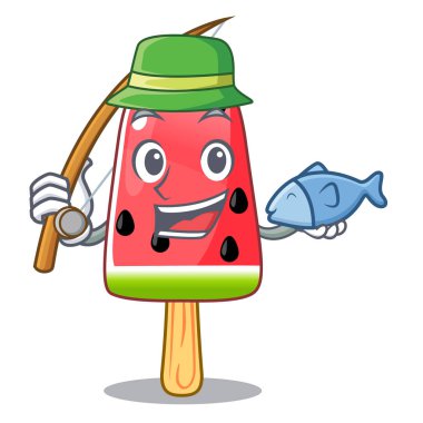Balık tutma kırmızı karpuz dondurma karikatür vektör çizim şeklinde