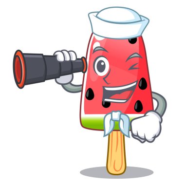 Denizci şekil maskot vektör çizim üzerinde dürbün dondurma karpuz ile