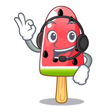 Kulaklık ile şekil maskot vektör çizim üzerinde dondurma karpuz