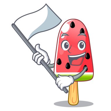 Dondurma karpuz şekil maskot vektör çizim üzerinde bayrak ile