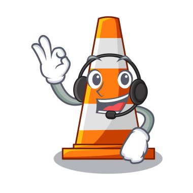 Kulaklık ile trafik koni maskot argaet vektör çizim karşı