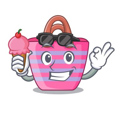 Dondurma ile plaj çanta karakter şekli vektör çizim üzerinde piknik
