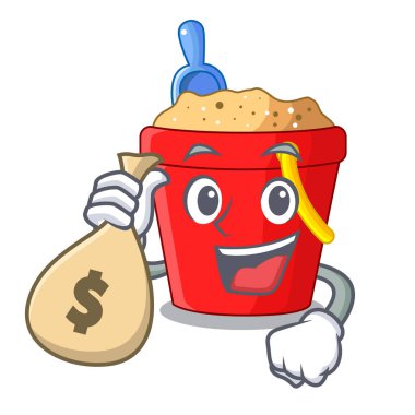 Para çantası plaj kova şekli ile kum çizgi film vektör çizim ile