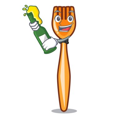 Bira plastik çatal ile karikatür resim komik vektör çizim üzerinde