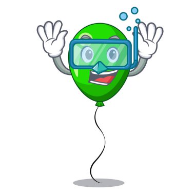 Sol köşede maskot vektör esnaf üzerinde yeşil balon dalış