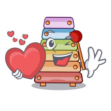 Tokmaklar maskot vektör çizim üzerinde ile kalp renkli oyuncak ksilofon