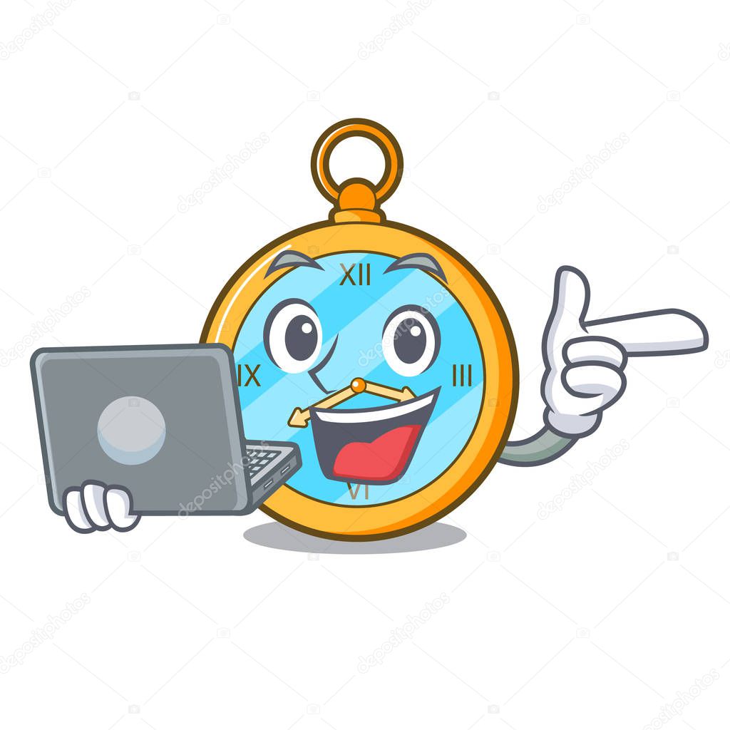 With laptop Pocket vintage watch on a cartoon vector illusstration