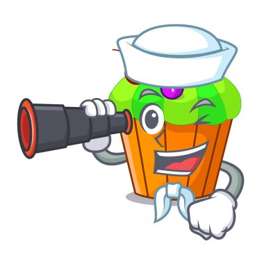 Denizci ile dürbün siyah frenk üzümü cupcake maskot vektör illüstrasyon izole