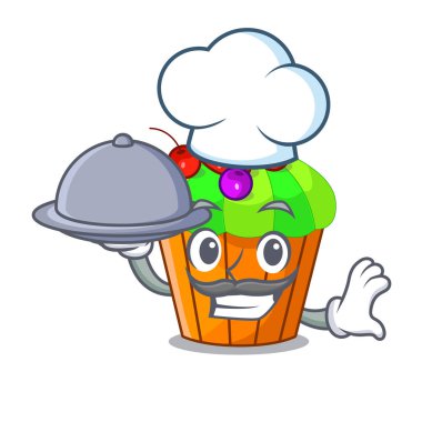Chef with food black currant cupcake isolated on mascot vector illustration