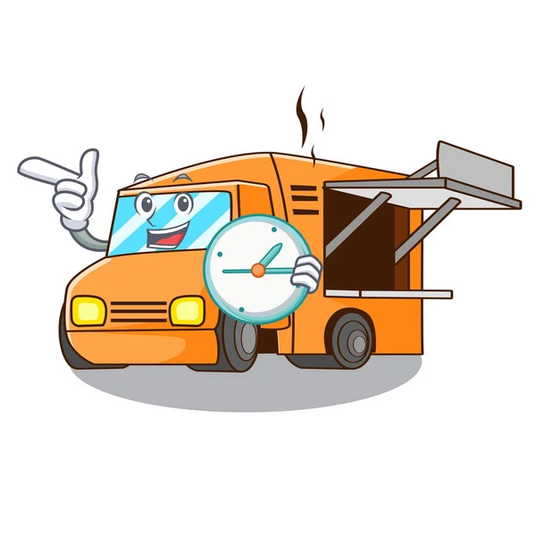 Con Reloj Food Truck Con Aislado Ilustración Vector Mascota — Vector de stock