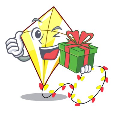 Hediye şirin uçurtma uçan üzerinde maskot vektör çizim ile