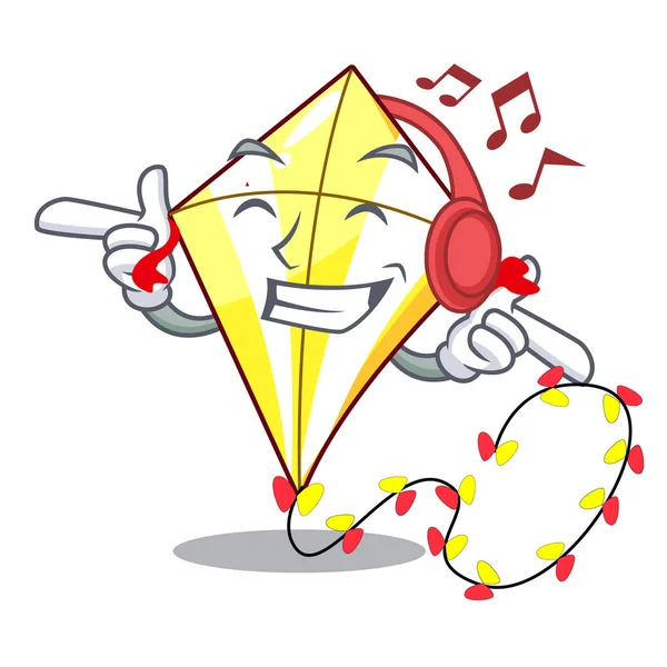 Listening Music Cute Kite Flying Mascot Vector Illustration — Stock Vector