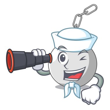 Denizci bir maskot vektör illüstrasyon izole dürbün yıkım topu ile