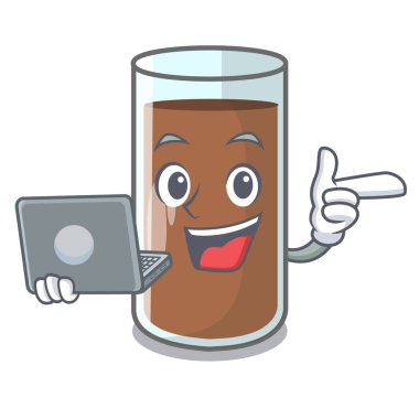 Çikolatalı süt şişesi karikatür vektör çizim üzerinden dökülen laptop ile