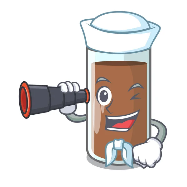 Sailor Binocular Fresh Chocolate Splash Pouring Mascot Vector Illustration — Stock Vector
