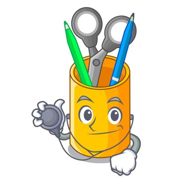 Doktor organizatör ile karikatür vektör illustrtion'deki masaüstü üstten görünüm