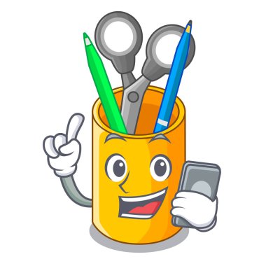 Telefon Organizatör masaüstü üstten görünüm ile karikatür vektör illustrtion ile