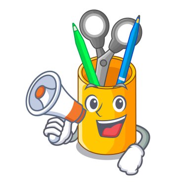 Megafon Organizatör masaüstü üstten görünüm ile karikatür vektör illustrtion ile