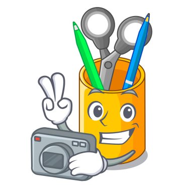 Karikatür komik vektör çizim üzerinde fotoğrafçı okul sırası tertipçi şekil