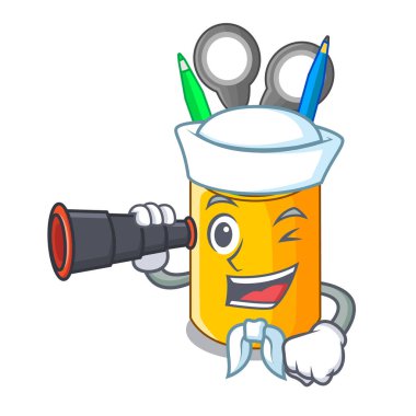 Denizci ile karikatür komik vektör çizim üzerinde dürbün okul sırası tertipçi şekil