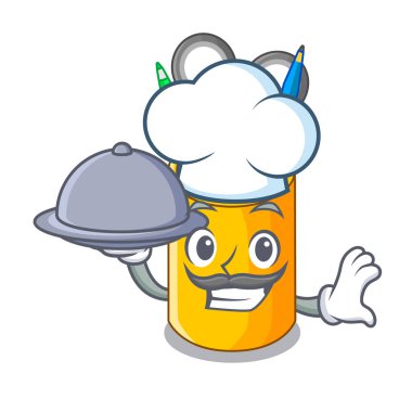 Şef gıda masaüstü Organizatör şeklinde karikatür komik vektör çizim üzerinde