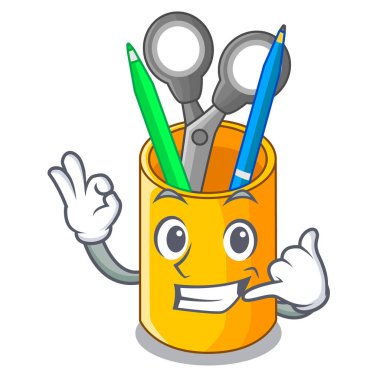 Organizatör maskot vektör çizim üzerinde izometrik malzemeleri desktop ararsın