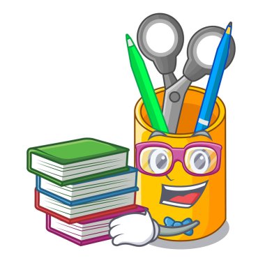 Öğrenci kitap izometrik ile masaüstünde Organizatör maskot vektör çizim malzemeleri