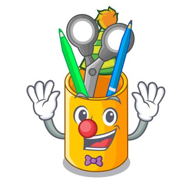 Palyaço izometrik malzemeleri masaüstünde Organizatör maskot vektör çizim