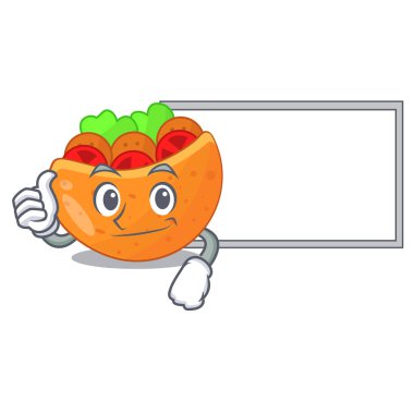 Başparmak yukarıya pide ekmek karikatür vektör çizim kurulu falafel ile tahta ile