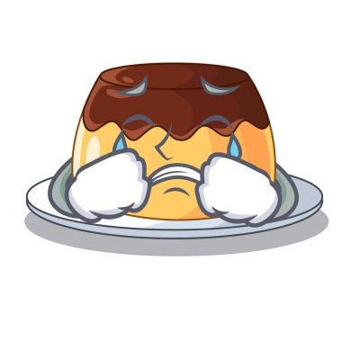 Karikatür komik vektör çizim üzerinde ağlayan karamelli çikolatalı puding