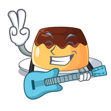 Gitar karamelli çikolatalı puding ile karikatür komik vektör çizim üzerinde