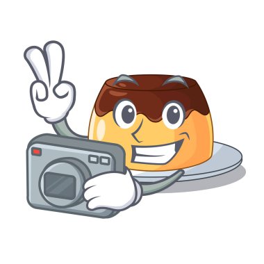 Karikatür komik vektör çizim üzerinde fotoğrafçı karamelli çikolatalı puding