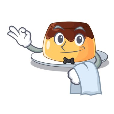 Garson karamelli çikolatalı puding karikatür komik vektör çizim üzerinde