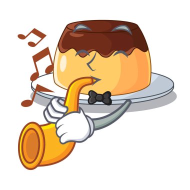 Trompet karamelli çikolatalı puding ile karikatür komik vektör çizim üzerinde