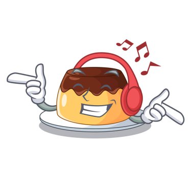 Karikatür komik vektör çizim üzerinde dinleme müzik karamelli çikolatalı puding