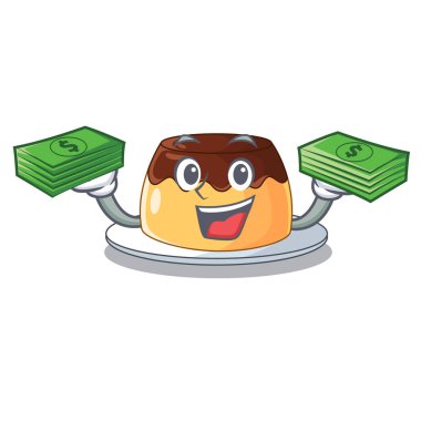 Karikatür komik vektör çizim üzerinde para karamelli çikolatalı puding ile