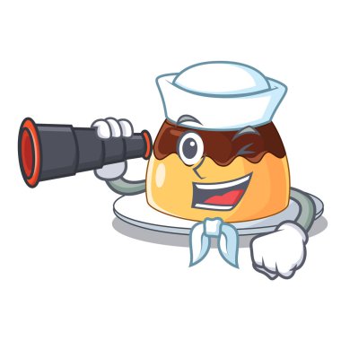 Denizci ile karikatür komik vektör çizim üzerinde dürbün karamelli çikolatalı puding