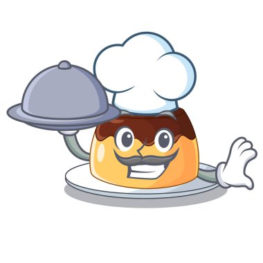 Şef ile karikatür komik vektör çizim üzerinde gıda karamelli çikolatalı puding