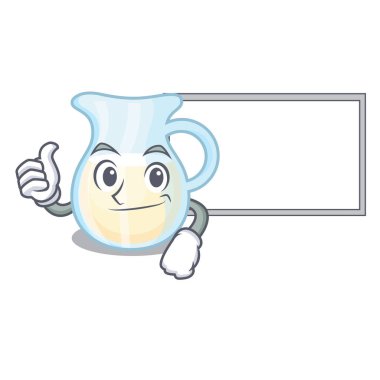 Başparmak yukarıya bir karikatür vektör çizim kurulu doğal süt sürahi ile