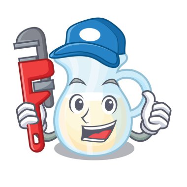 Çizgi film vektör çizim üzerinde tesisatçı cam sürahi taze süt