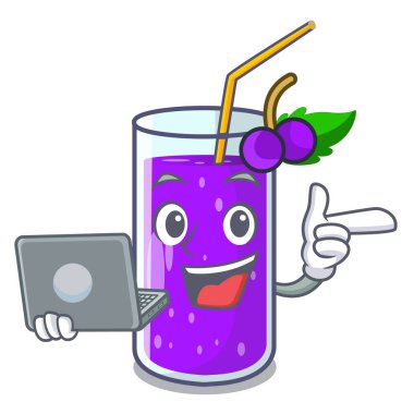 Çizgi film vektör çizim ile dizüstü üzüm suyuyla şişe