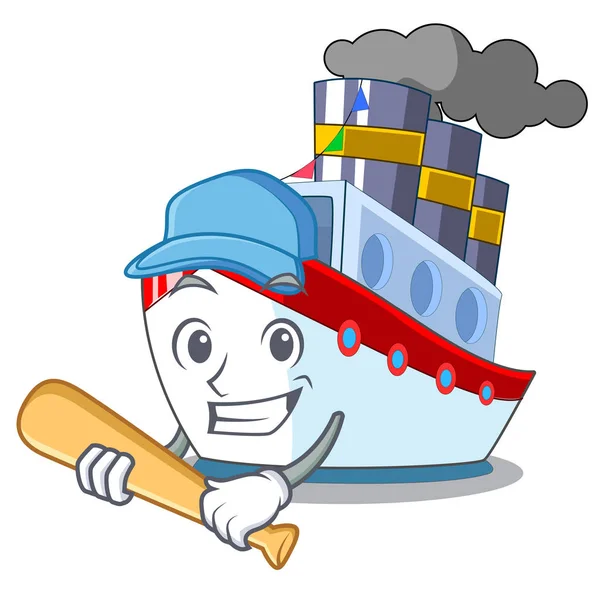 Jogando Beisebol Navio Transporte Oceano Mascote Vetor Ilustração — Vetor de Stock