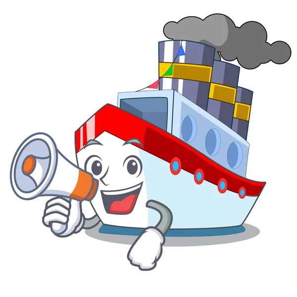 Com Navio Megafone Transporte Oceano Mascote Vetor Ilustração — Vetor de Stock