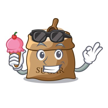 Dondurma kase ve kaşık şeker ile karakter vektör çizim üzerinde