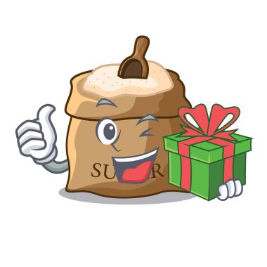 Hediye ile bu çuvala maskot vektör çizim üzerinde şeker