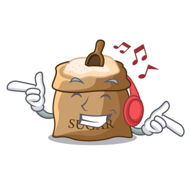 Müzik şeker bu çuvala maskot vektör çizim üzerinde dinleme